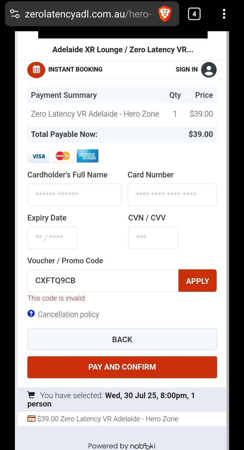 Zero Latency VR promo code screenshot showing code CXFTQ9CB applied at Zero Latency VR checkout page. Uploaded by SimplyCodes community member JuanMonge on Jul 26, 2025