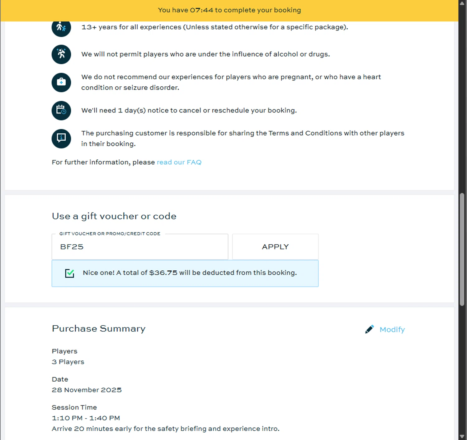 Zero Latency VR promo code screenshot showing code BF25 applied at Zero Latency VR checkout page. Uploaded by SimplyCodes community member PillarsofCreation on Nov 20, 2025