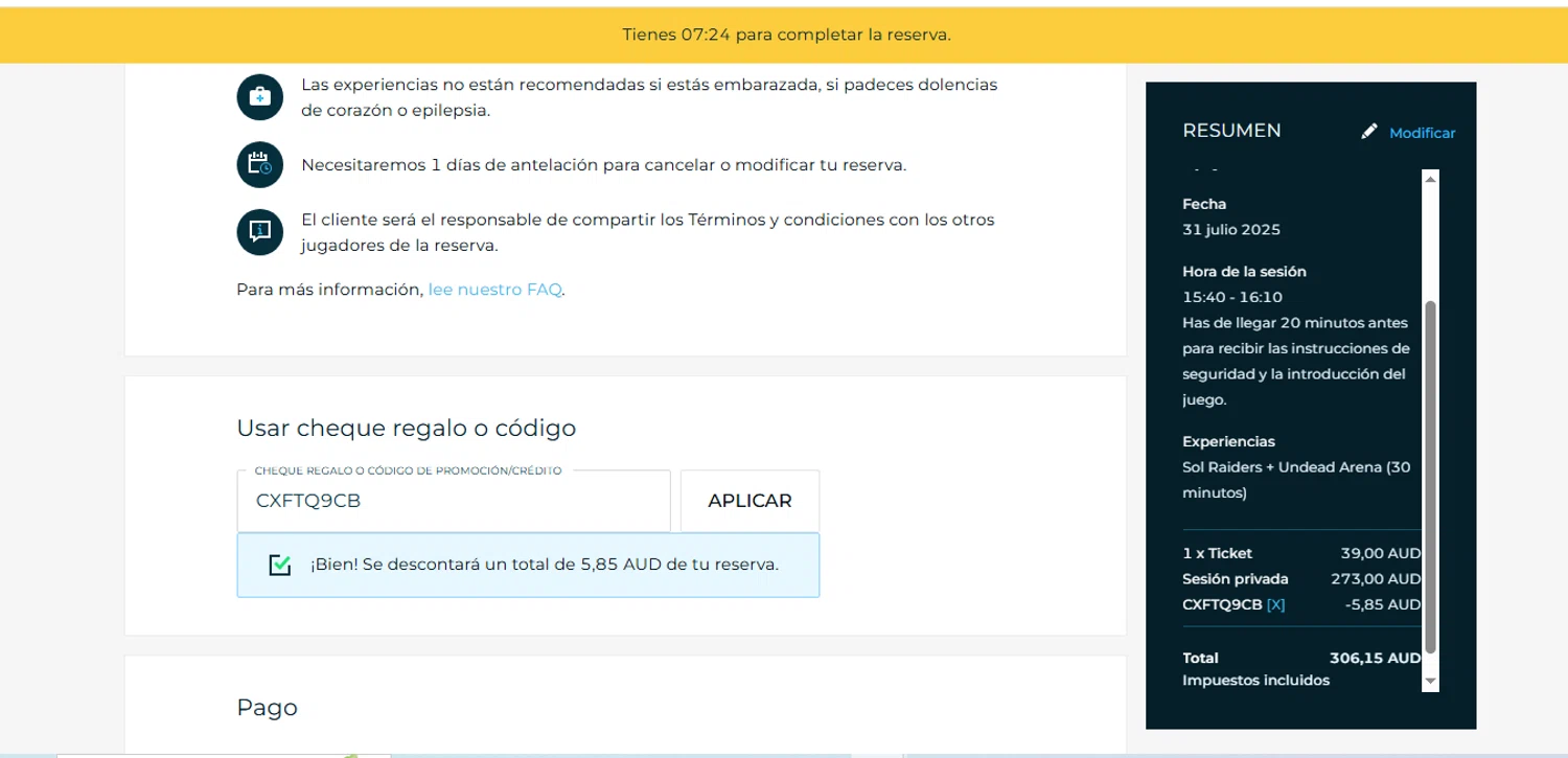 Zero Latency VR promo code screenshot showing code CXFTQ9CB applied at Zero Latency VR checkout page. Uploaded by SimplyCodes community member shark12 on Jul 26, 2025
