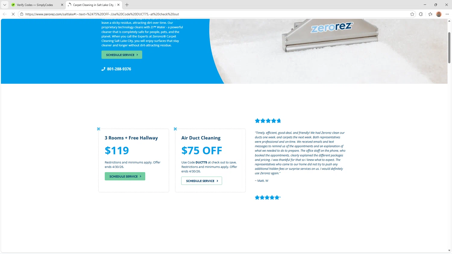 Zerorez promo code screenshot showing code DUCT75 applied at Zerorez checkout page. Uploaded by SimplyCodes community member Livingston on Apr 4, 2026