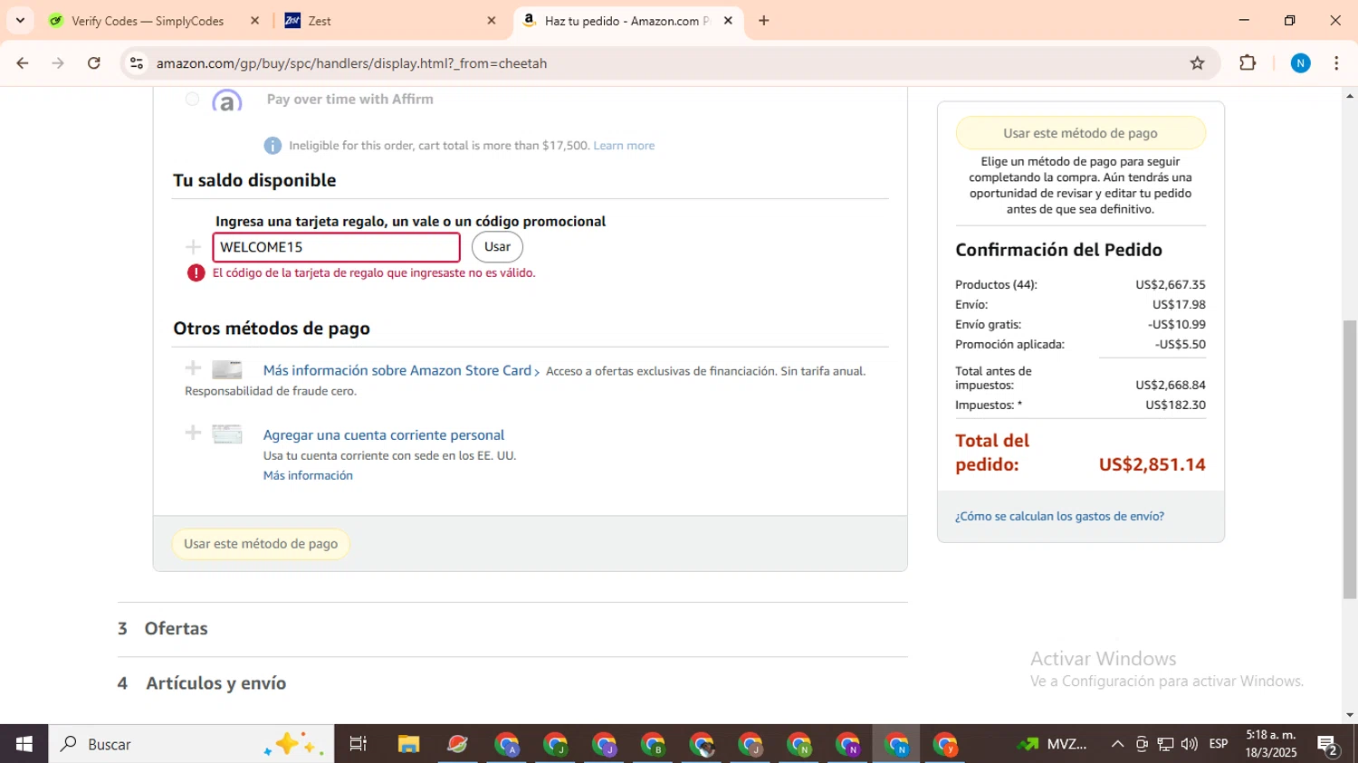 Zest promo code screenshot showing code WELCOME15 applied at Zest checkout page. Uploaded by SimplyCodes community member CoinHawk678 on Mar 18, 2025