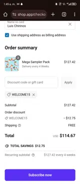 WELCOME15 coupon verification screenshot