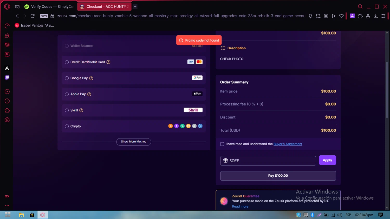 ZeusX promo code screenshot showing code 5OFF applied at ZeusX checkout page. Uploaded by SimplyCodes community member PennySpotter2417 on Nov 25, 2025