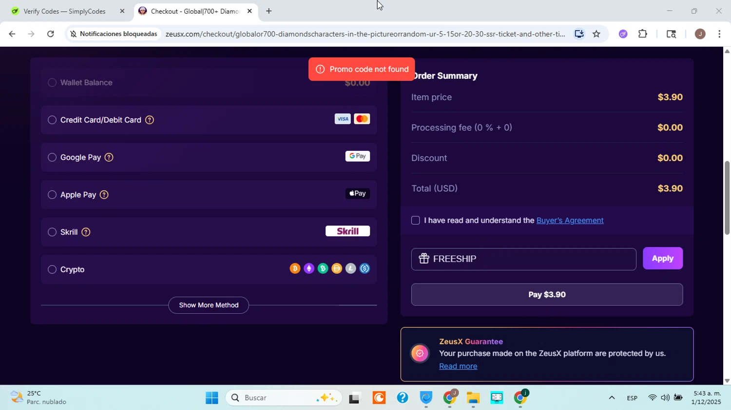 ZeusX promo code screenshot showing code FREESHIP applied at ZeusX checkout page. Uploaded by SimplyCodes community member ABHF23 on Dec 1, 2025