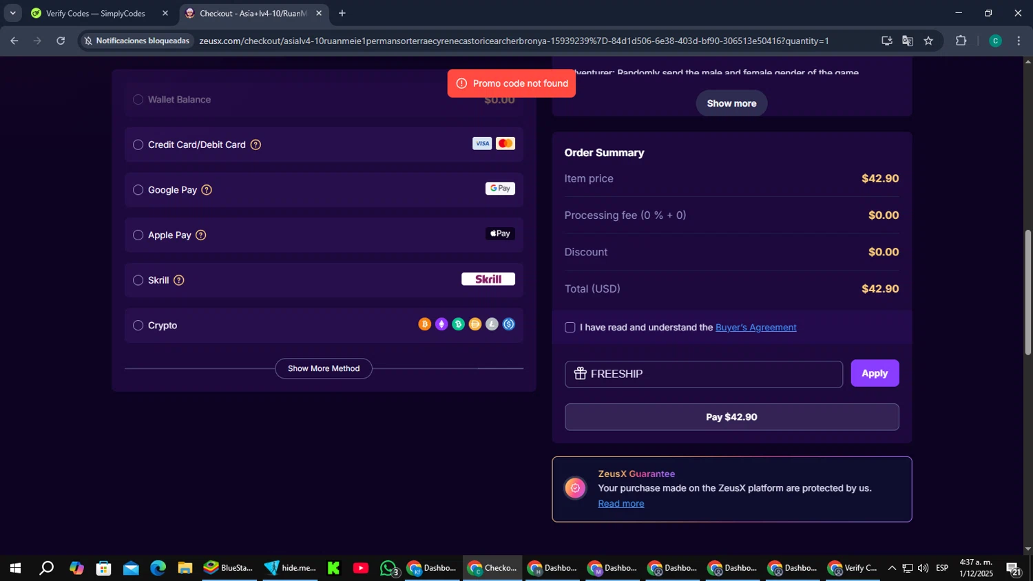 ZeusX promo code screenshot showing code FREESHIP applied at ZeusX checkout page. Uploaded by SimplyCodes community member PromoScout874 on Dec 1, 2025
