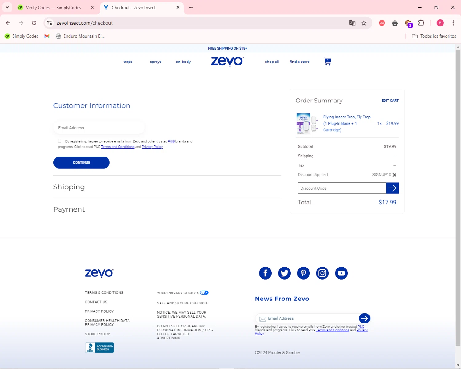 Zevo Insect checkout page showing Zevo Insect discount code box | Screenshot taken by SimplyCodes community member on Oct 20, 2024