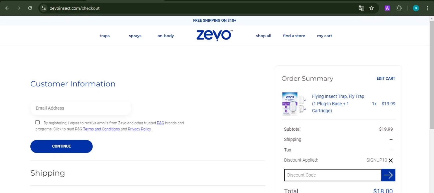 Zevo Insect checkout page showing Zevo Insect discount code box | Screenshot taken by SimplyCodes community member on Sep 25, 2024