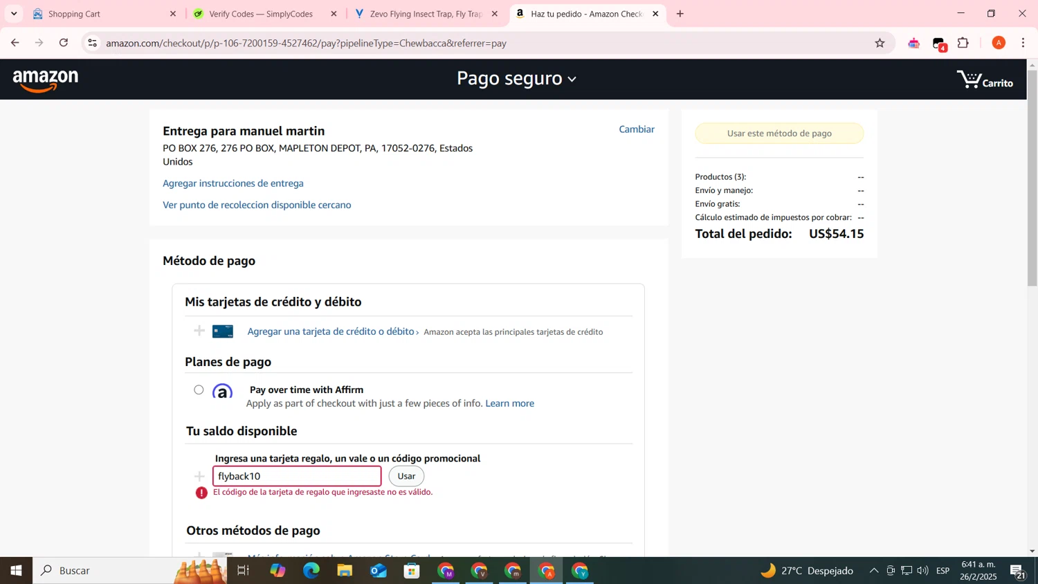 Zevo Insect discount code screenshot showing code flyback10 applied at Zevo Insect checkout page. Uploaded by SimplyCodes community member FrugalSentinel6206 on Feb 26, 2025