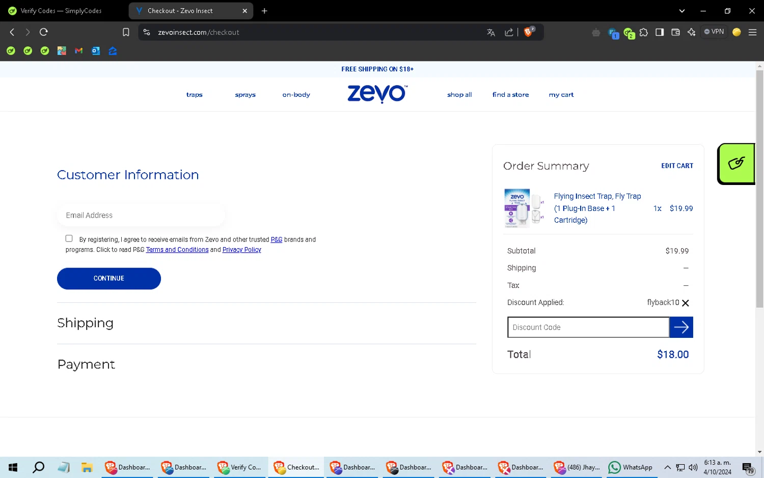Zevo Insect checkout page showing Zevo Insect discount code box | Screenshot taken by SimplyCodes community member on Oct 4, 2024