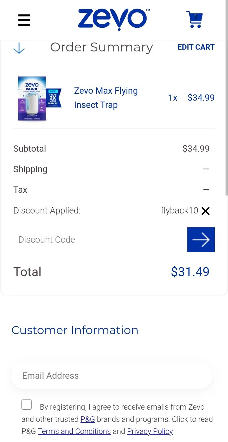 Zevo Insect checkout page showing Zevo Insect discount code box | Screenshot taken by SimplyCodes community member on Jan 28, 2025
