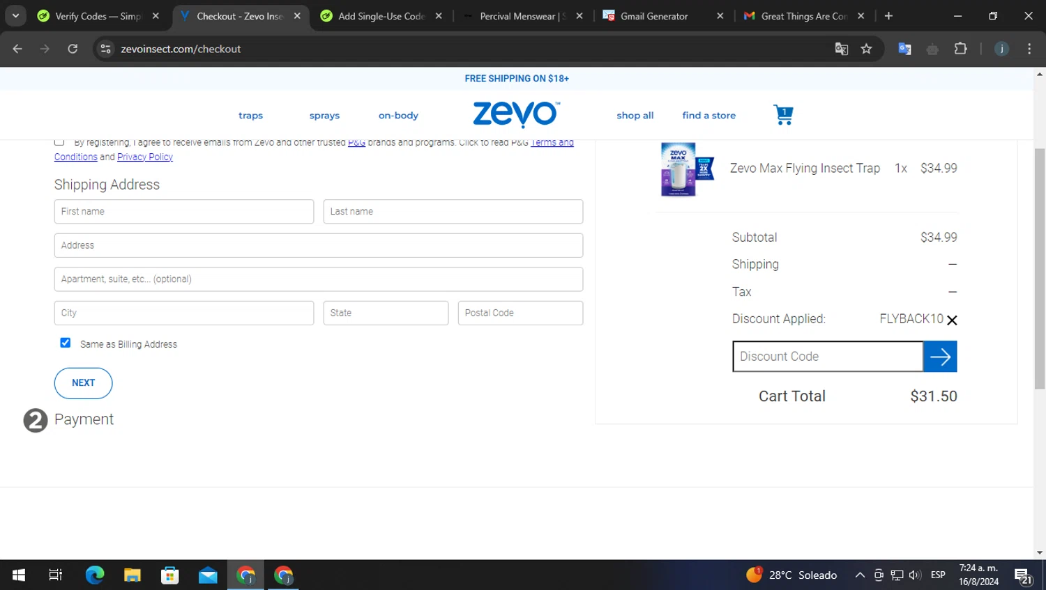 Zevo Insect checkout page showing Zevo Insect discount code box | Screenshot taken by SimplyCodes community member on Aug 16, 2024