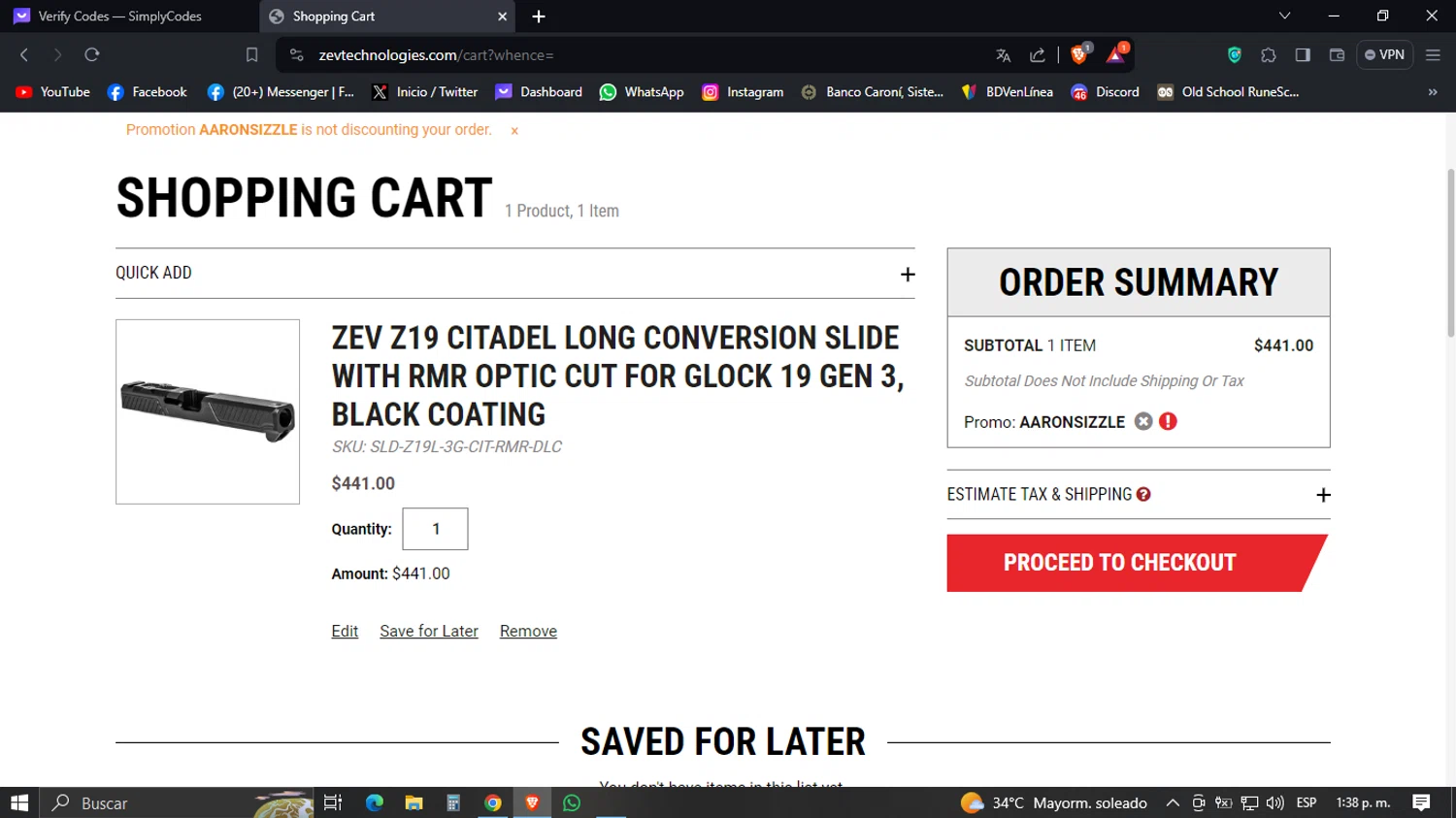 ZEV Technologies checkout page showing ZEV Technologies promo code box | Screenshot taken by SimplyCodes community member on Jan 28, 2024