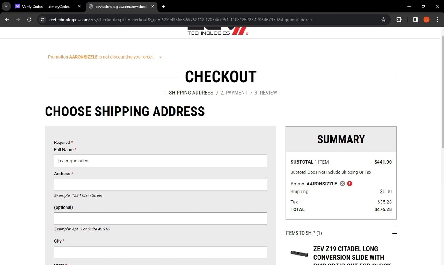 ZEV Technologies checkout page showing ZEV Technologies promo code box | Screenshot taken by SimplyCodes community member on Jan 17, 2024