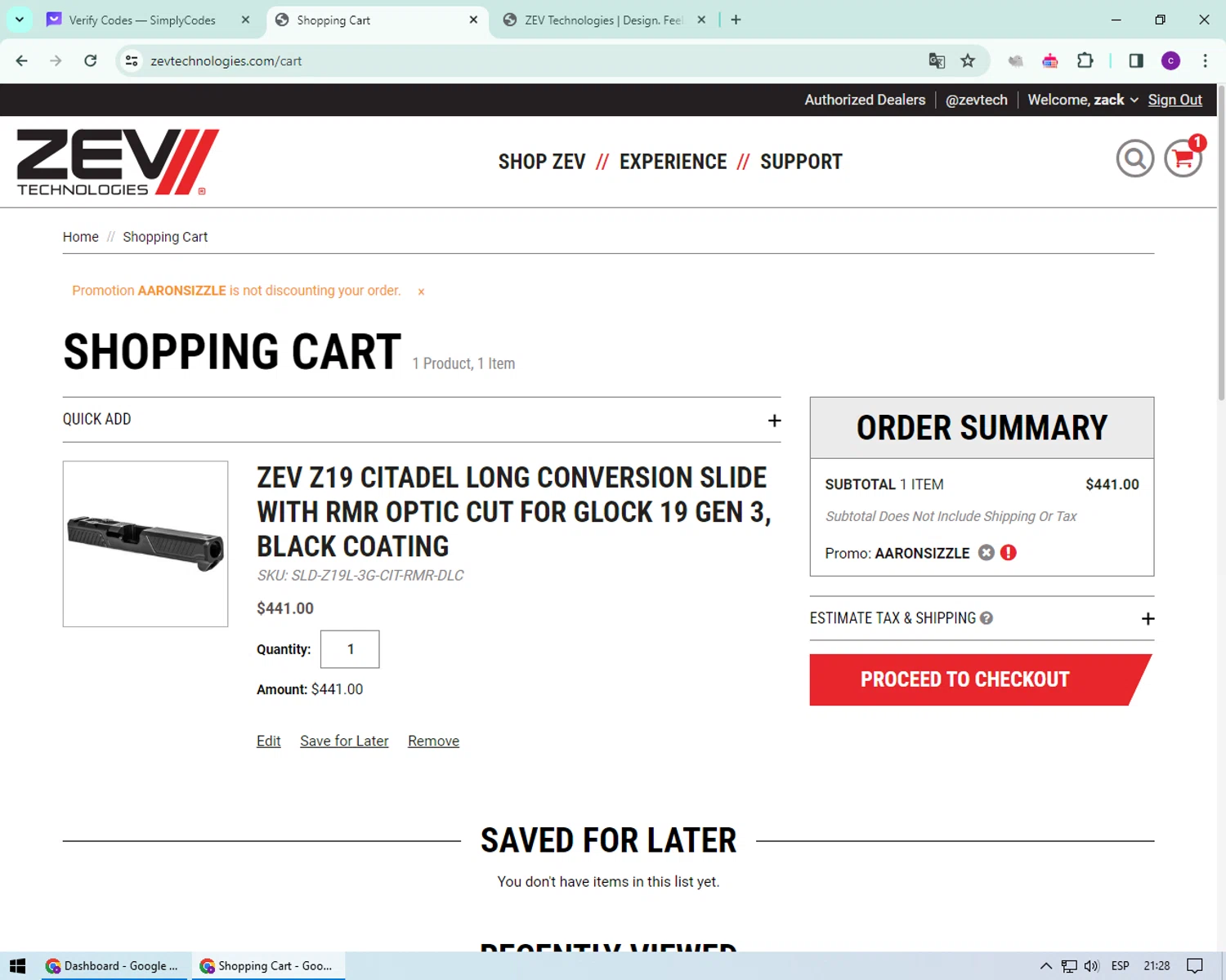ZEV Technologies checkout page showing ZEV Technologies promo code box | Screenshot taken by SimplyCodes community member on Feb 7, 2024
