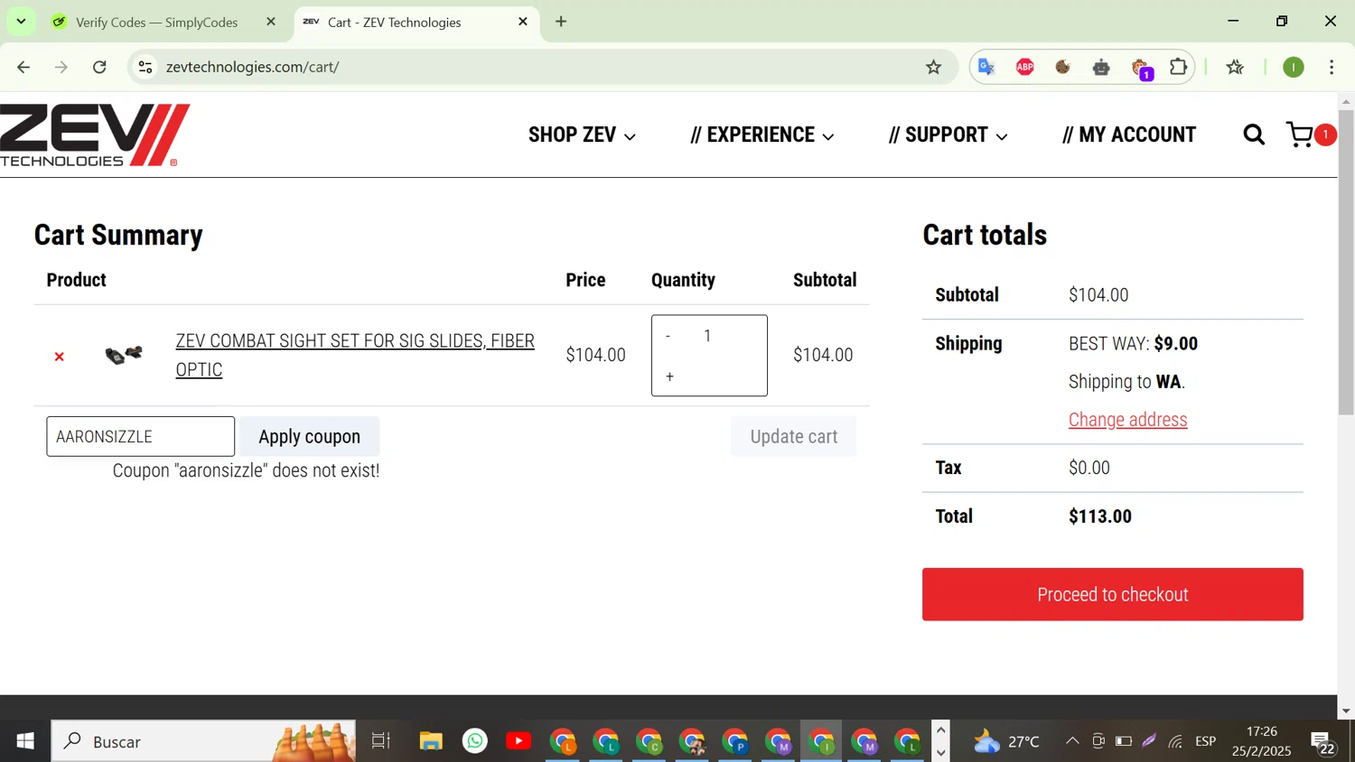 ZEV Technologies promo code screenshot showing code AARONSIZZLE applied at ZEV Technologies checkout page. Uploaded by SimplyCodes community member WonderHunter255 on Feb 25, 2025
