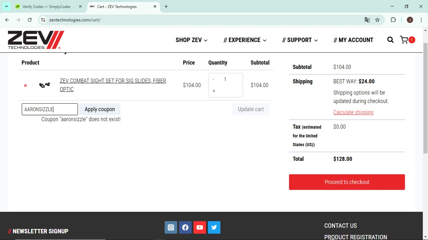 ZEV Technologies promo code screenshot showing code AARONSIZZLE applied at ZEV Technologies checkout page. Uploaded by SimplyCodes community member LegendaryAce8627 on Feb 25, 2025