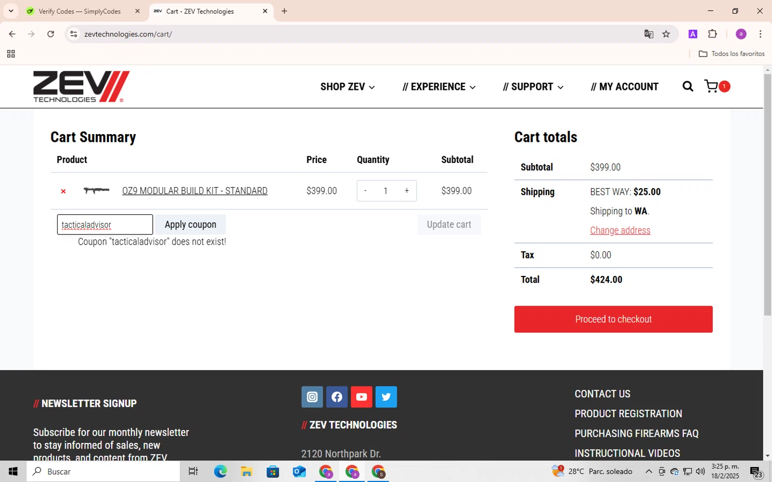 ZEV Technologies promo code screenshot showing code tacticaladvisor applied at ZEV Technologies checkout page. Uploaded by SimplyCodes community member Andygar on Feb 18, 2025