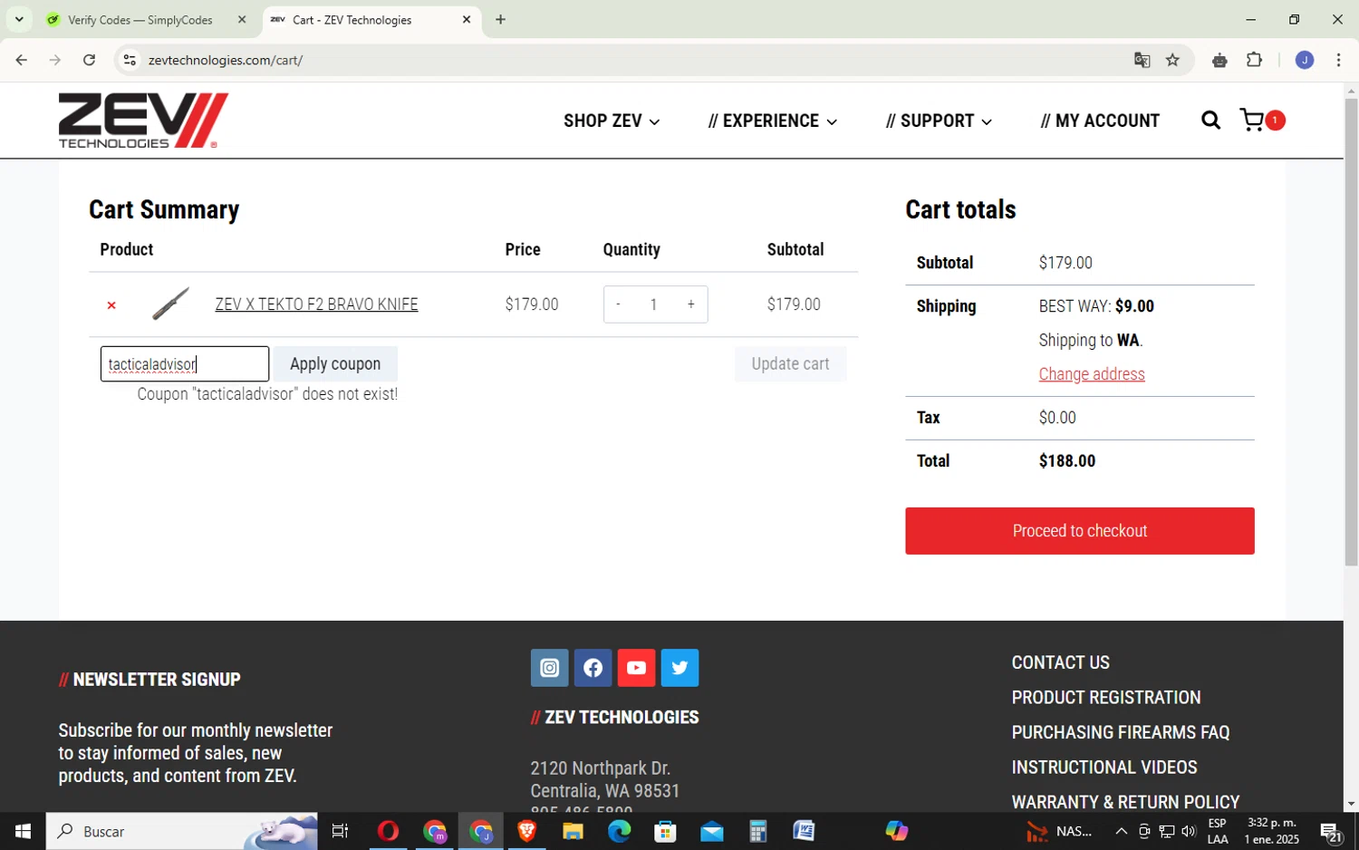 ZEV Technologies promo code screenshot showing code tacticaladvisor applied at ZEV Technologies checkout page. Uploaded by SimplyCodes community member EpicSage3474 on Jan 1, 2025