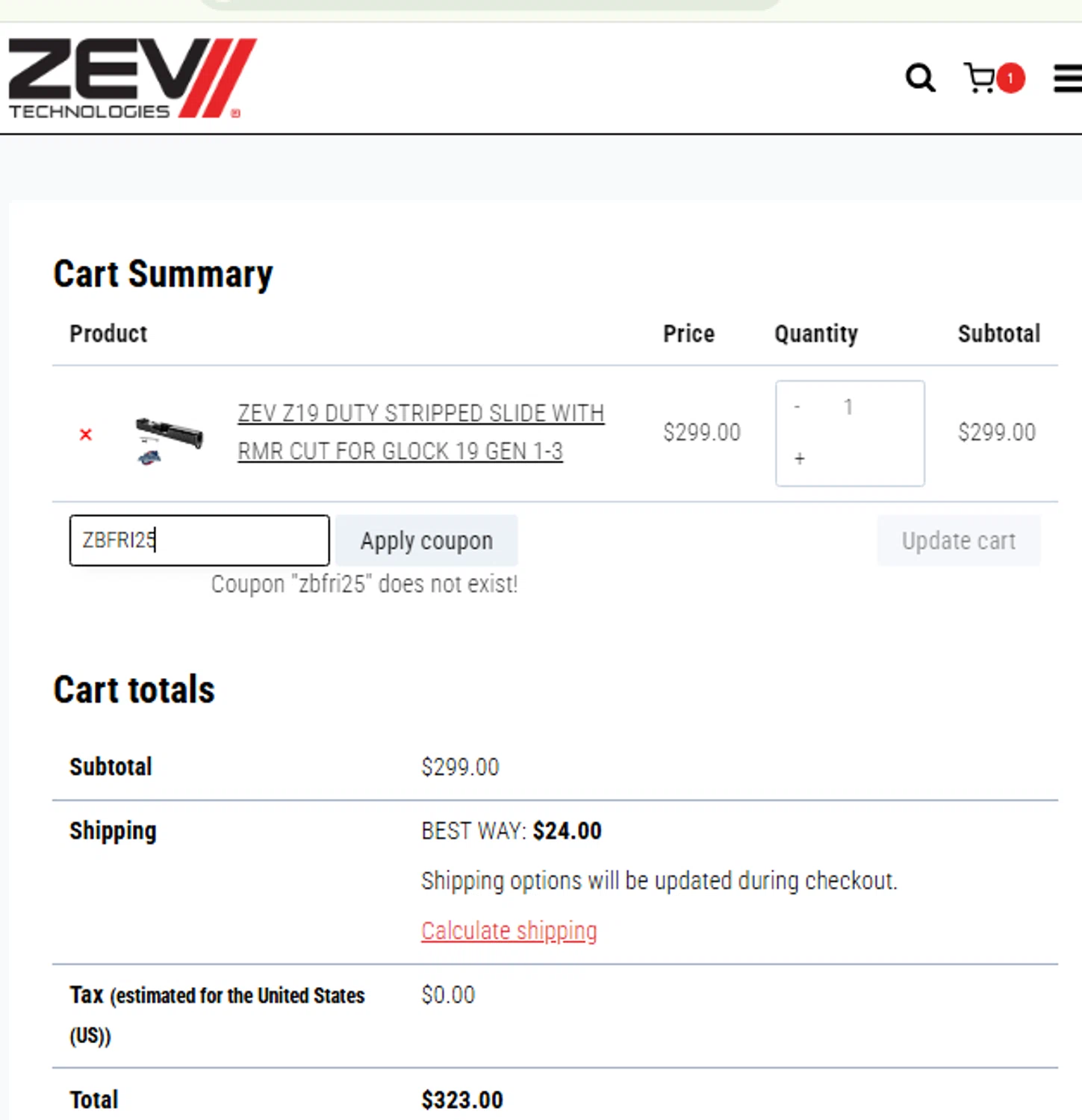 ZEV Technologies promo code screenshot showing code ZBFRI25 applied at ZEV Technologies checkout page. Uploaded by SimplyCodes community member FrugalHunter3134 on Mar 25, 2025