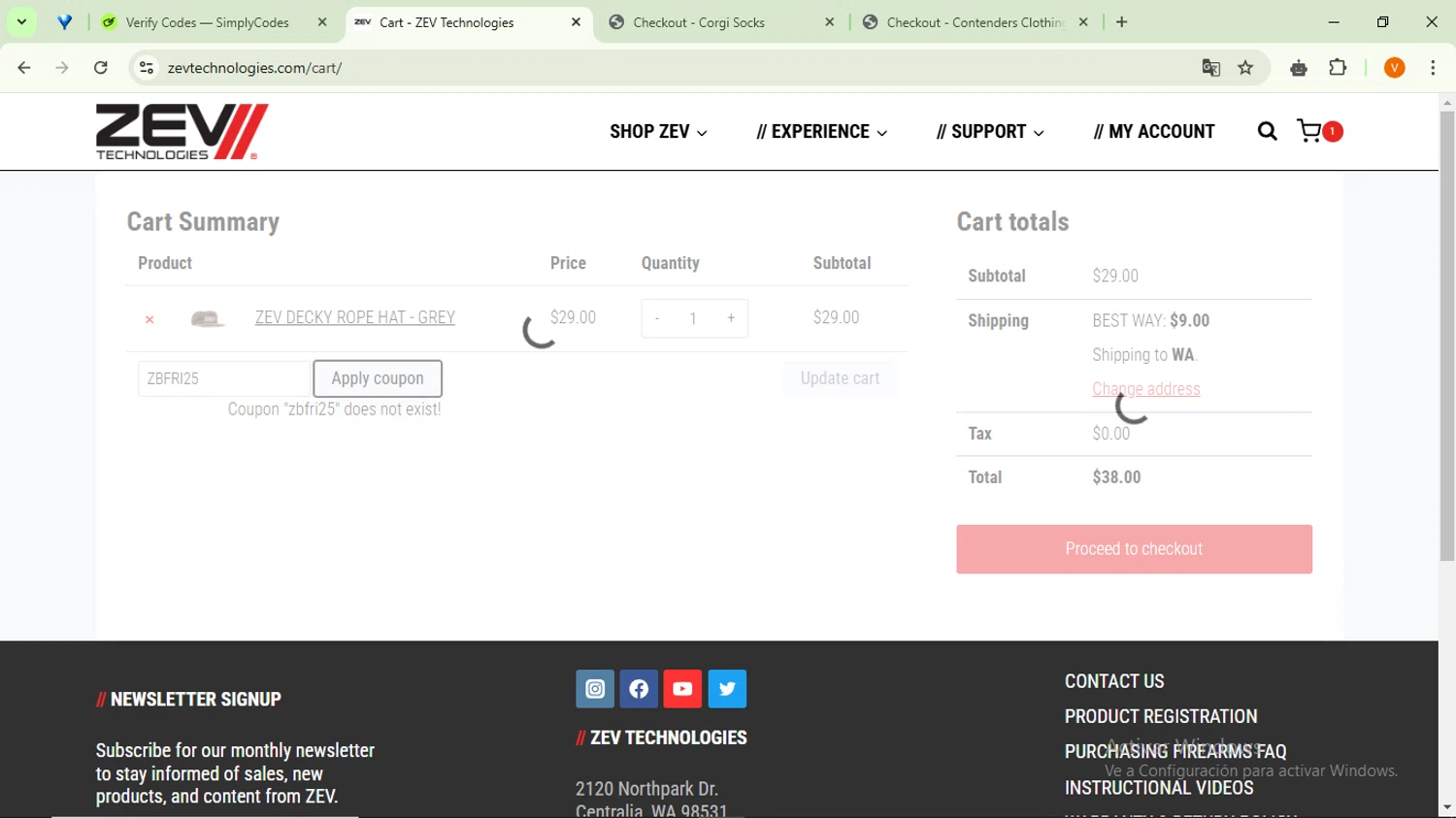 ZEV Technologies promo code screenshot showing code ZBFRI25 applied at ZEV Technologies checkout page. Uploaded by SimplyCodes community member SavingsFinder9954 on Jan 21, 2025