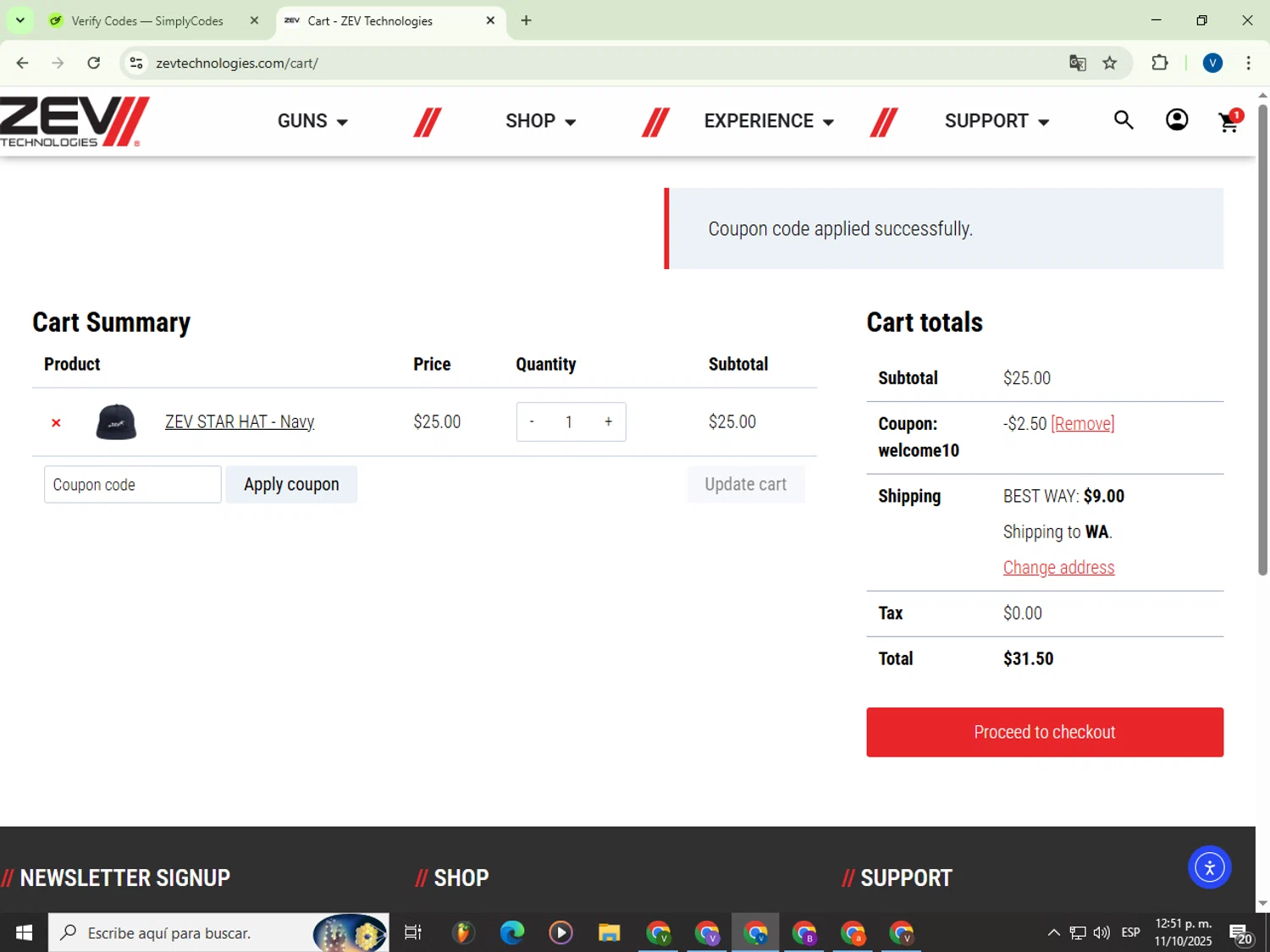 ZEV Technologies promo code screenshot showing code WELCOME10 applied at ZEV Technologies checkout page. Uploaded by SimplyCodes community member Garou_Y2K on Oct 11, 2025