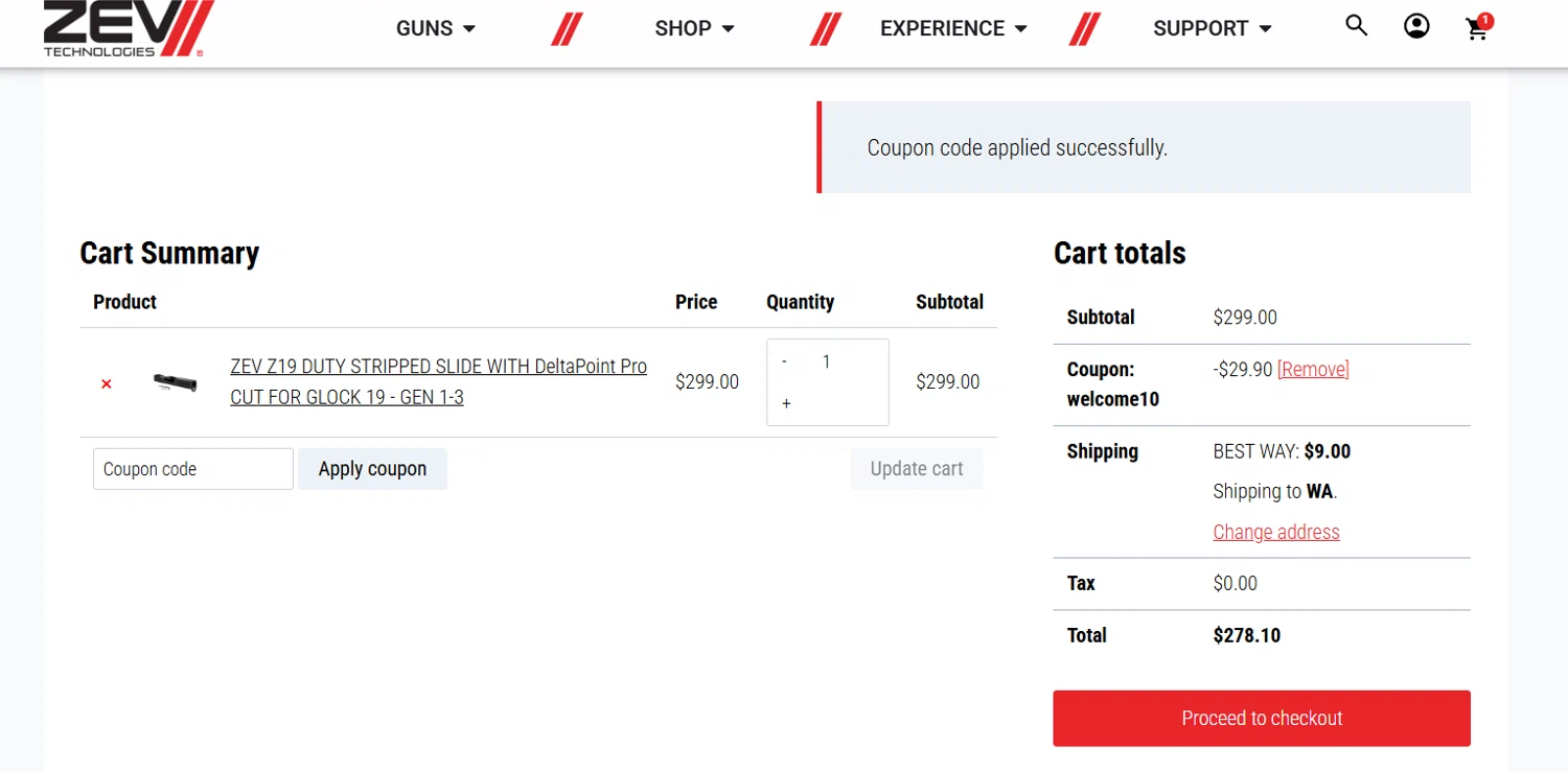 ZEV Technologies promo code screenshot showing code WELCOME10 applied at ZEV Technologies checkout page. Uploaded by SimplyCodes community member jesspea on Oct 11, 2025