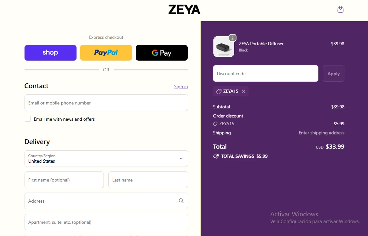 ZEYA promo code screenshot showing code ZEYA15 applied at ZEYA checkout page. Uploaded by SimplyCodes community member Lestara_23 on Dec 8, 2025