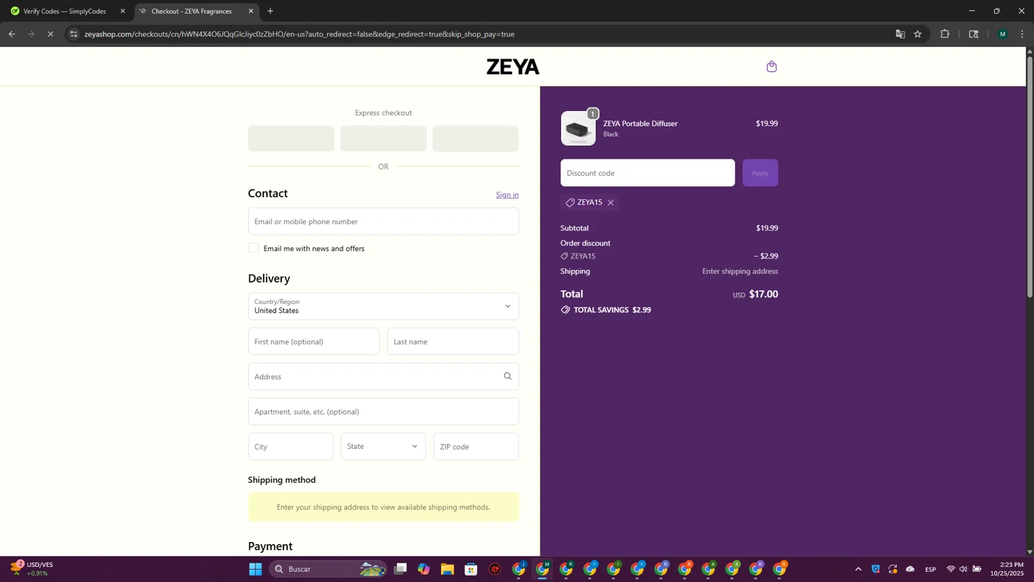 ZEYA promo code screenshot showing code ZEYA15 applied at ZEYA checkout page. Uploaded by SimplyCodes community member MDLECHUZA on Oct 25, 2025