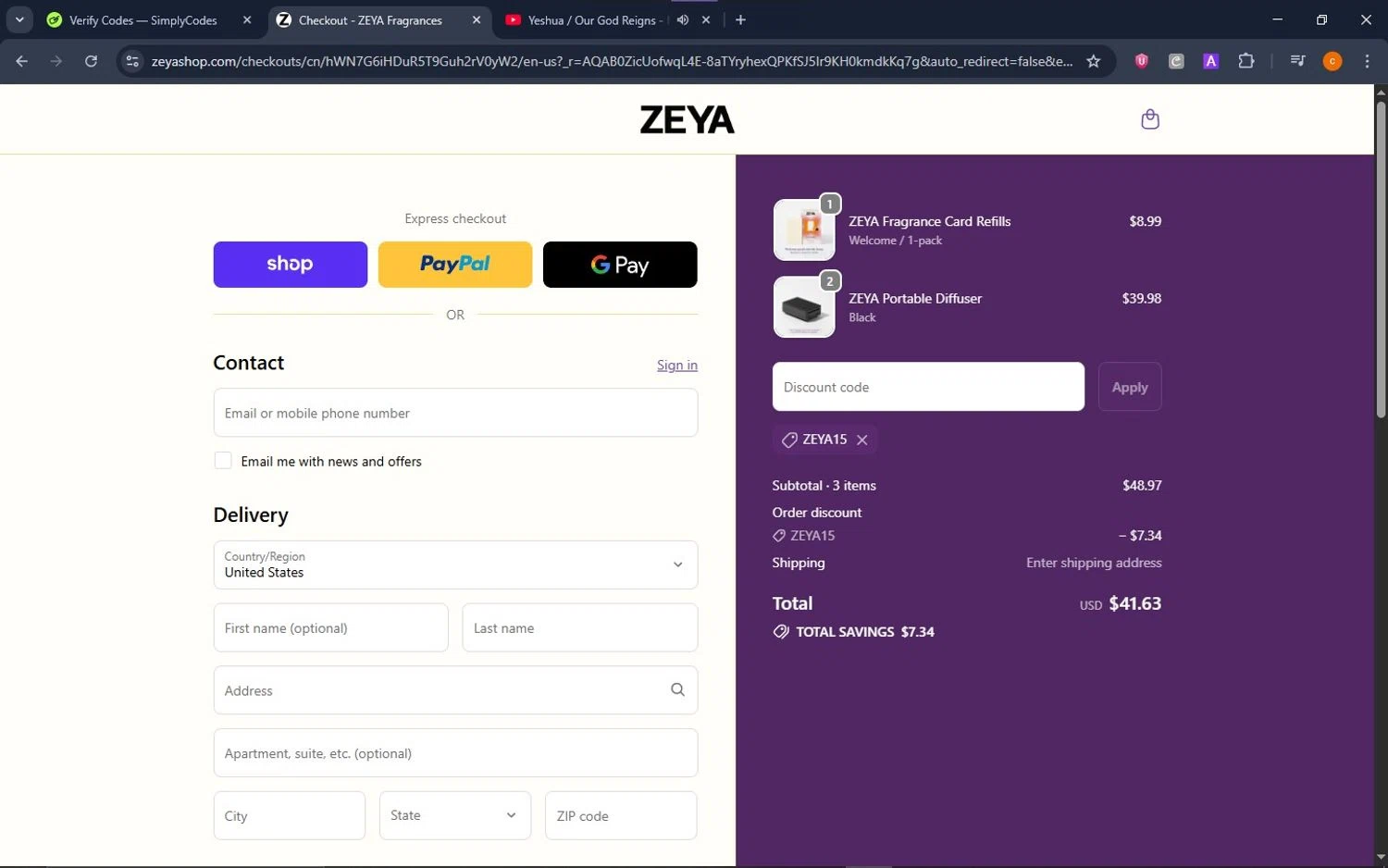 ZEYA checkout page showing ZEYA promo code box | Screenshot taken by SimplyCodes community member on Jan 5, 2026