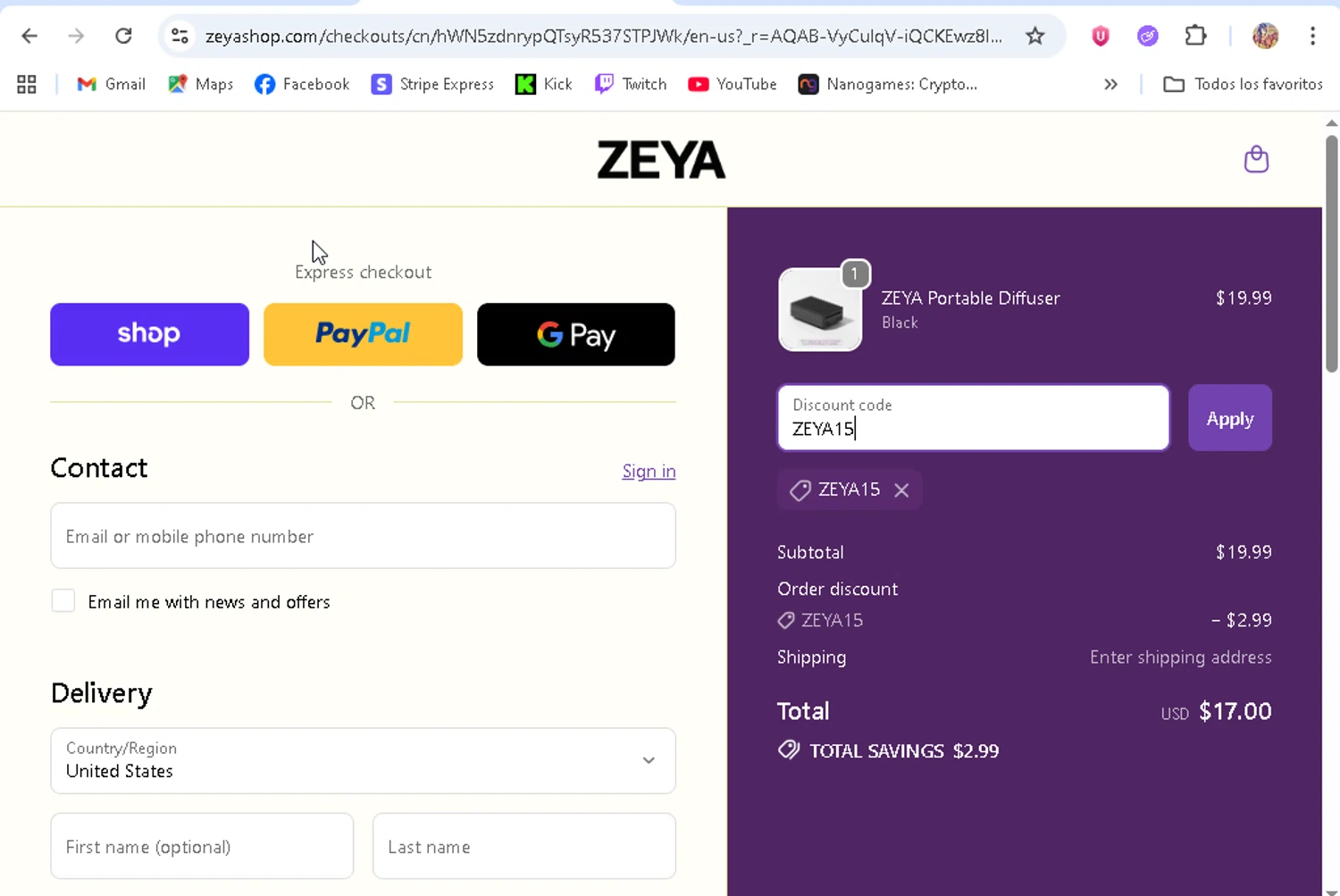 ZEYA promo code screenshot showing code ZEYA15 applied at ZEYA checkout page. Uploaded by SimplyCodes community member ronaldhernandez on Dec 3, 2025