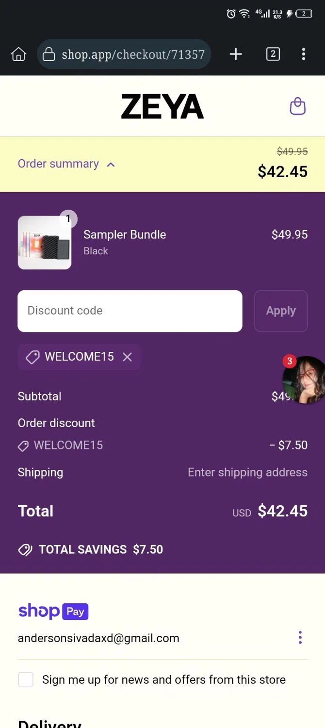 ZEYA promo code screenshot showing code WELCOME15 applied at ZEYA checkout page. Uploaded by SimplyCodes community member Diego_Soto on Jun 21, 2025