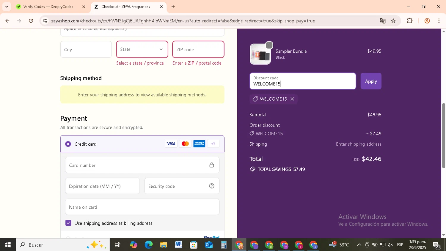 ZEYA promo code screenshot showing code WELCOME15 applied at ZEYA checkout page. Uploaded by SimplyCodes community member RebateCollector5909 on Sep 23, 2025
