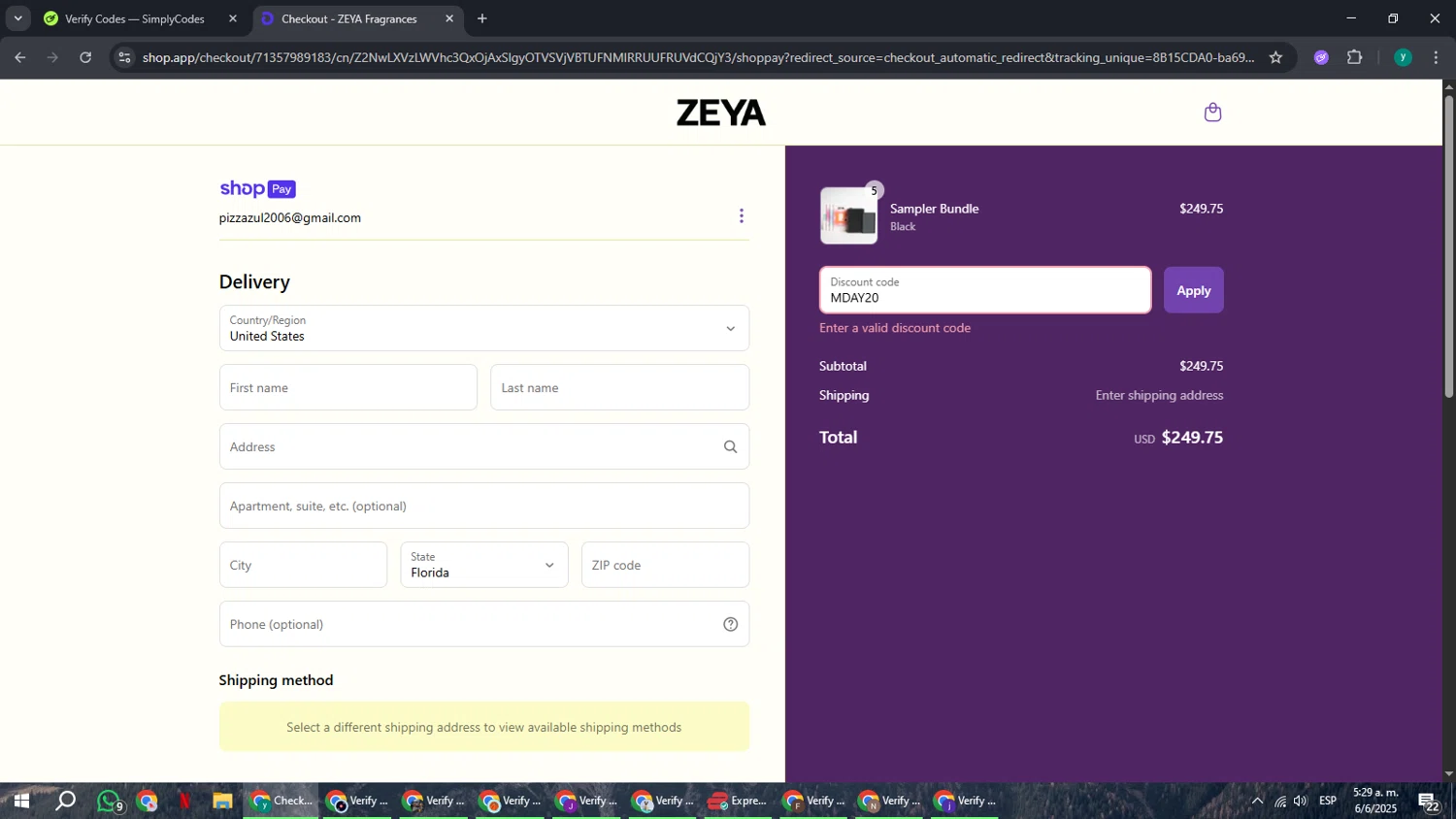 ZEYA promo code screenshot showing code MDAY20 applied at ZEYA checkout page. Uploaded by SimplyCodes community member FrugalCaptain6906 on Jun 6, 2025