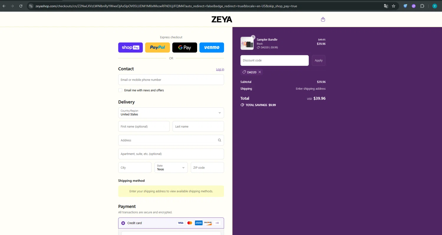 ZEYA promo code screenshot showing code DAD20 applied at ZEYA checkout page. Uploaded by SimplyCodes community member ValueTiger695 on Jul 8, 2025