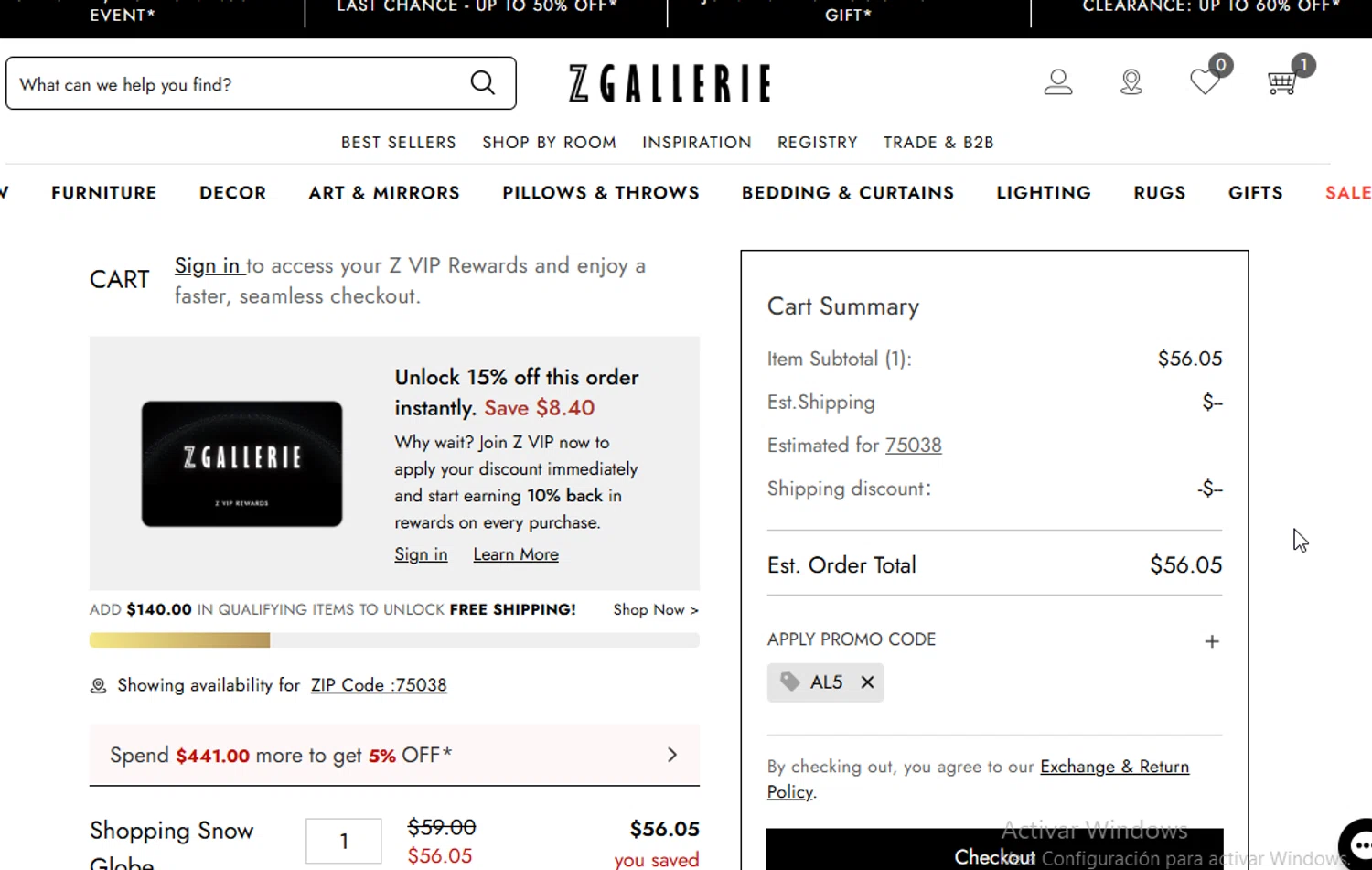 Z Gallerie promo code screenshot showing code AL5 applied at Z Gallerie checkout page. Uploaded by SimplyCodes community member ligthYA on Feb 21, 2026