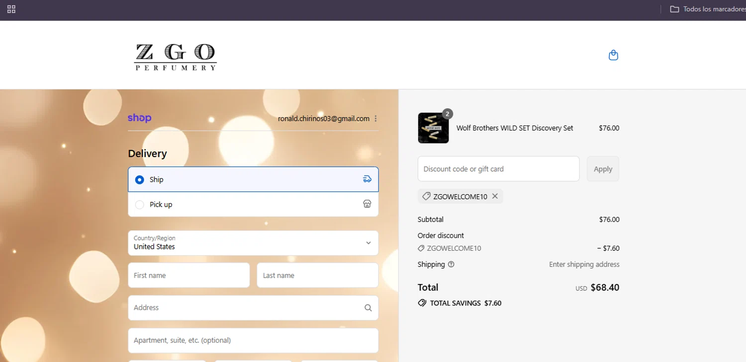 ZGO Perfumery discount code screenshot showing code ZGOWELCOME10 applied at ZGO Perfumery checkout page. Uploaded by SimplyCodes community member Egni_149037891 on Aug 30, 2025