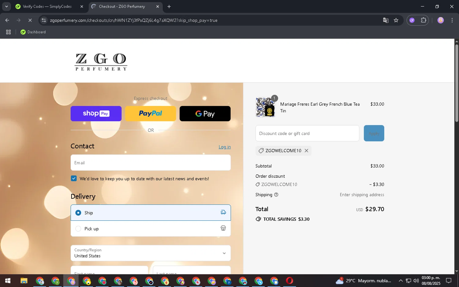 ZGO Perfumery discount code screenshot showing code ZGOWELCOME10 applied at ZGO Perfumery checkout page. Uploaded by SimplyCodes community member ExtraordinaryExpert2592 on Aug 8, 2025