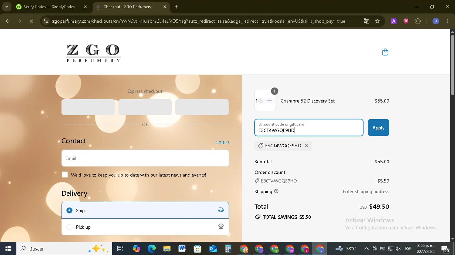 ZGO Perfumery discount code screenshot showing code E3CT4WGQE9HD applied at ZGO Perfumery checkout page. Uploaded by SimplyCodes community member EpicSage3474 on Jul 22, 2025