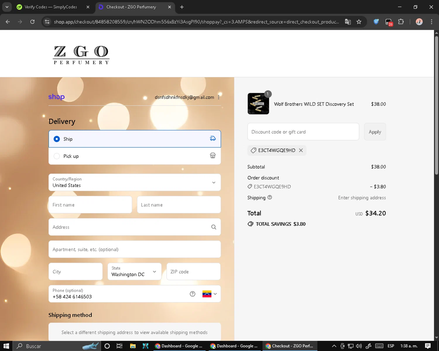 ZGO Perfumery discount code screenshot showing code E3CT4WGQE9HD applied at ZGO Perfumery checkout page. Uploaded by SimplyCodes community member MoneyPilot9165 on Aug 30, 2025