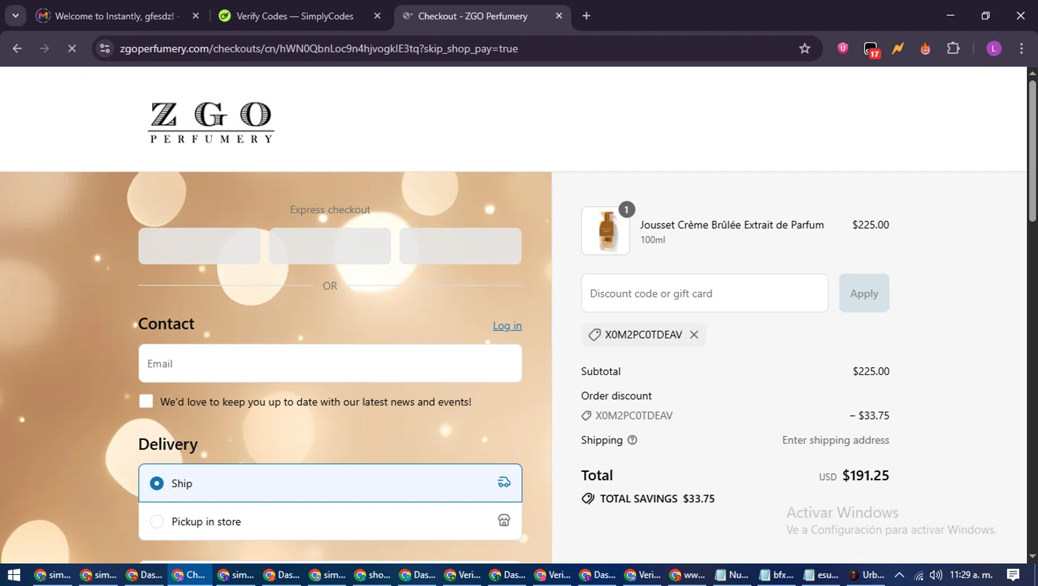 ZGO Perfumery discount code screenshot showing code X0M2PC0TDEAV applied at ZGO Perfumery checkout page. Uploaded by SimplyCodes community member RewardScout5160 on Jul 9, 2025