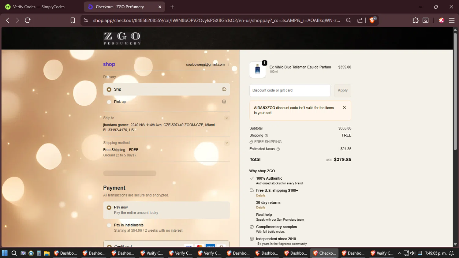 ZGO Perfumery discount code screenshot showing code AIDANXZGO applied at ZGO Perfumery checkout page. Uploaded by SimplyCodes community member Amidamaru on Feb 9, 2026