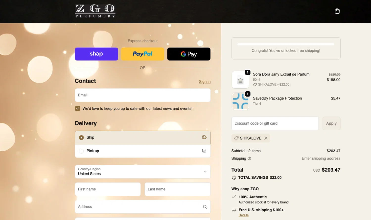 ZGO Perfumery discount code screenshot showing code SHIKALOVE applied at ZGO Perfumery checkout page. Uploaded by SimplyCodes community member ELOIN777 on Jan 22, 2026
