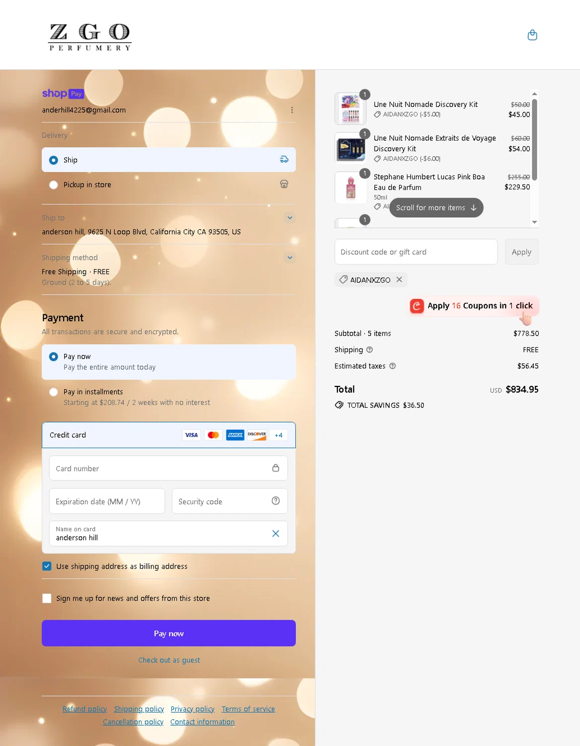 ZGO Perfumery discount code screenshot showing code AIDANXZGO applied at ZGO Perfumery checkout page. Uploaded by SimplyCodes community member Elcompa on Jul 11, 2025