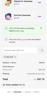 KELLY20 coupon verification screenshot