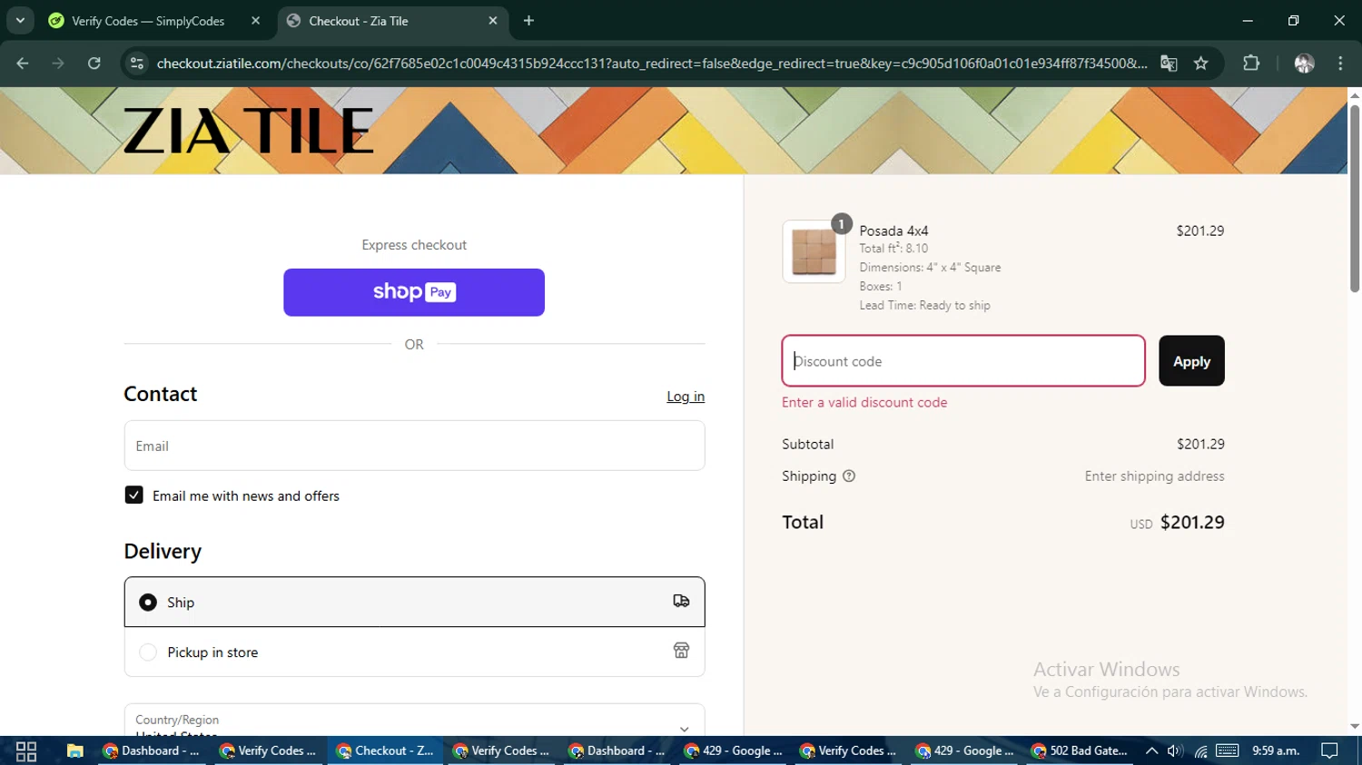 Zia Tile discount code screenshot showing code HANDMADE10 applied at Zia Tile checkout page. Uploaded by SimplyCodes community member CleverLegend6607 on Mar 11, 2025