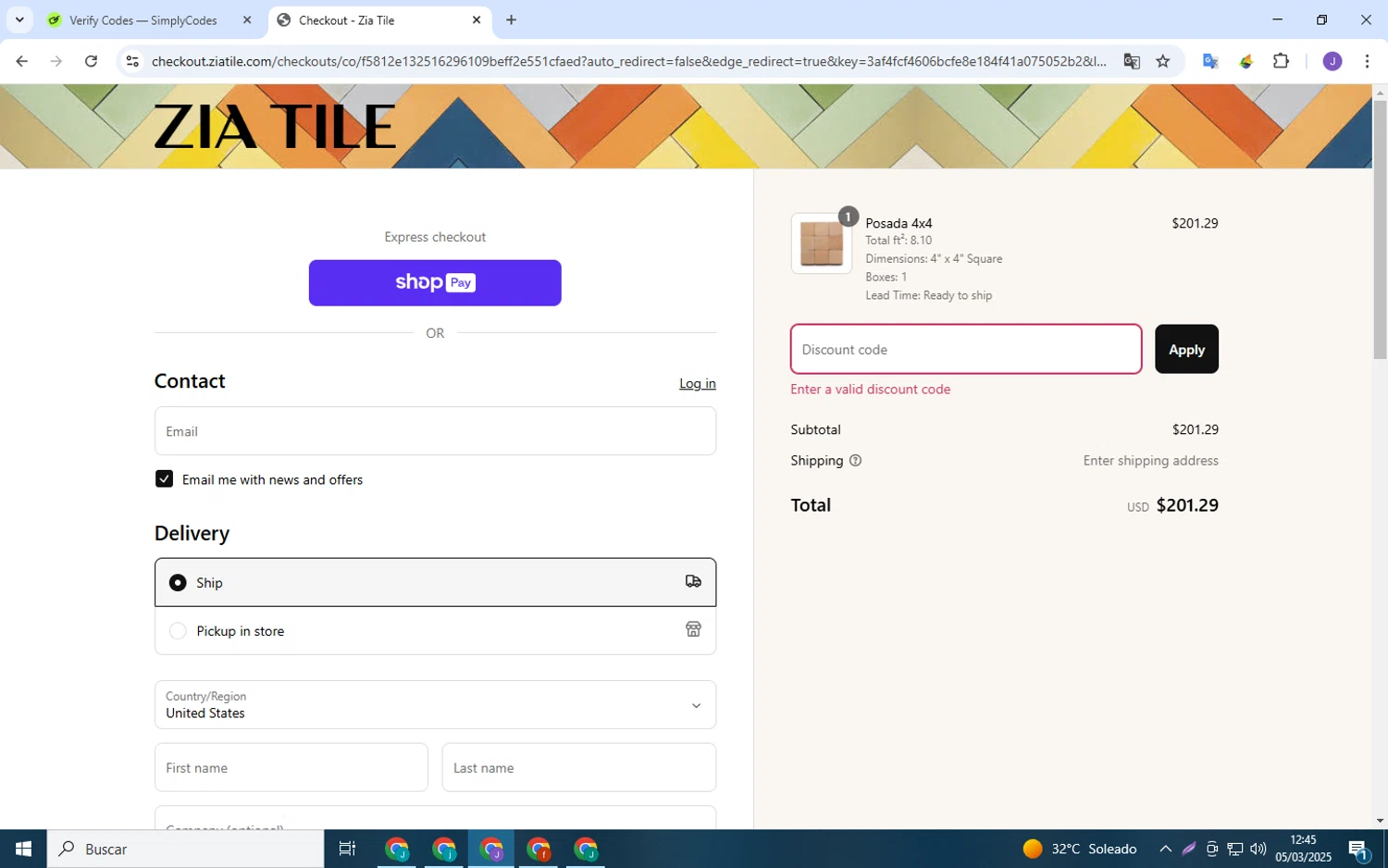 Zia Tile discount code screenshot showing code HANDMADE10 applied at Zia Tile checkout page. Uploaded by SimplyCodes community member MoneyPro9023 on Mar 5, 2025
