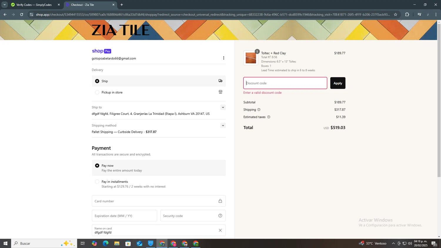 Zia Tile discount code screenshot showing code 10forall applied at Zia Tile checkout page. Uploaded by SimplyCodes community member AVATIGRITO on Feb 20, 2025