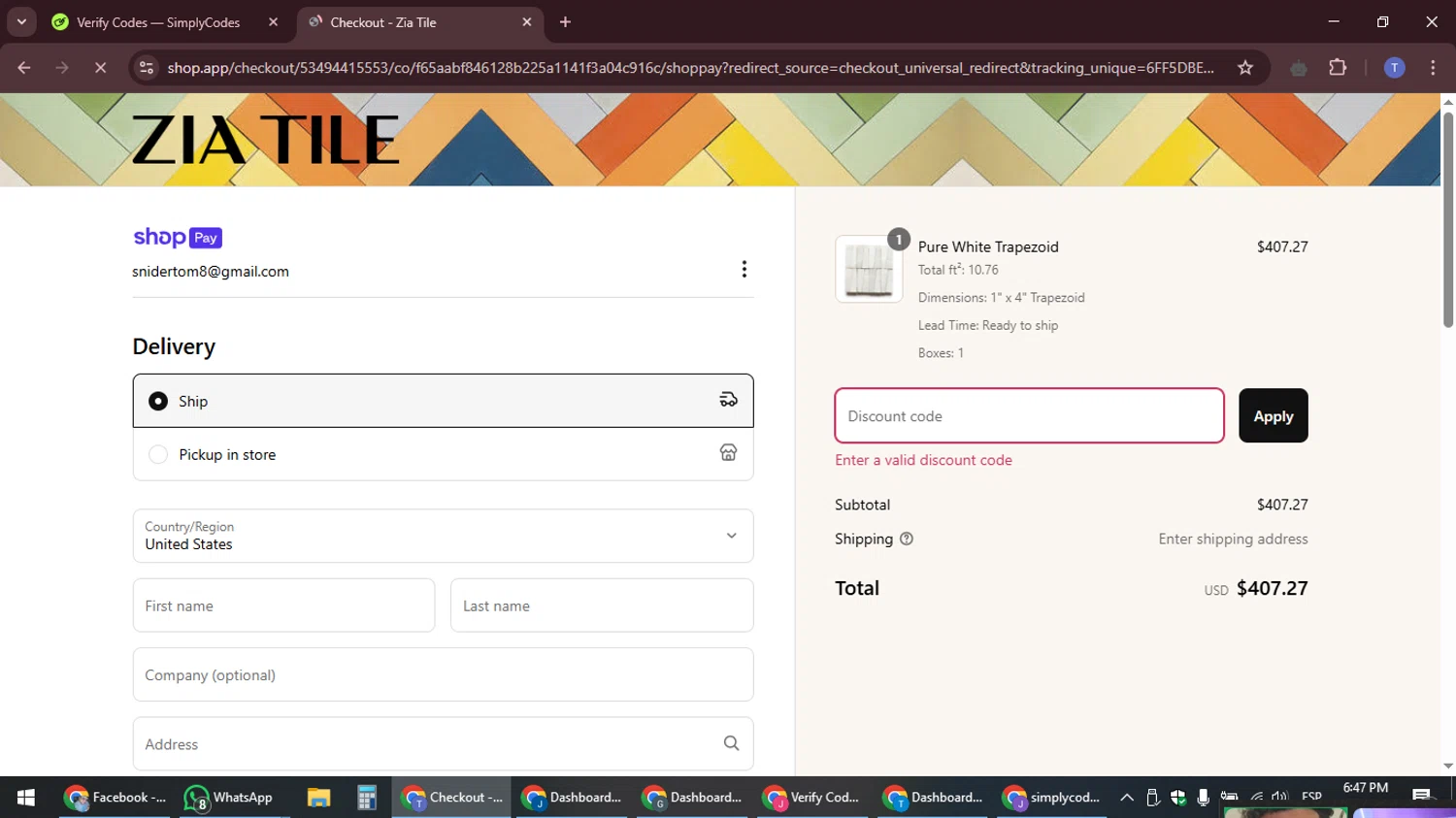 Zia Tile discount code screenshot showing code 10forall applied at Zia Tile checkout page. Uploaded by SimplyCodes community member snidertom8 on Mar 17, 2025