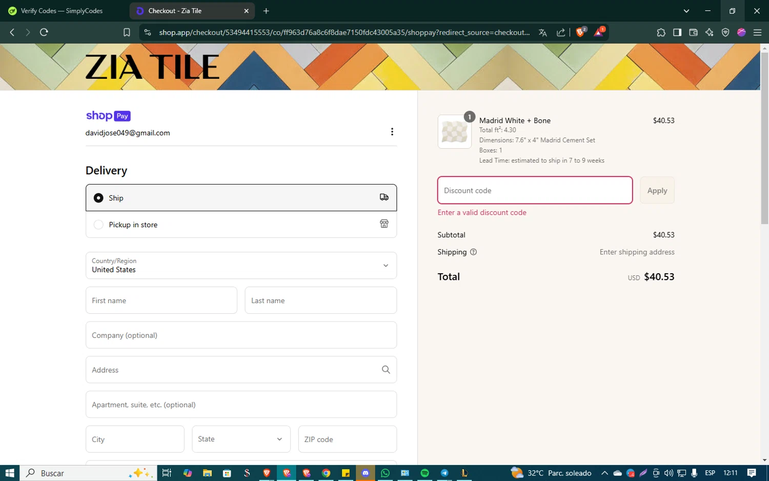 Zia Tile discount code screenshot showing code ZIATRADE10 applied at Zia Tile checkout page. Uploaded by SimplyCodes community member SmartSaver5448 on Mar 10, 2025