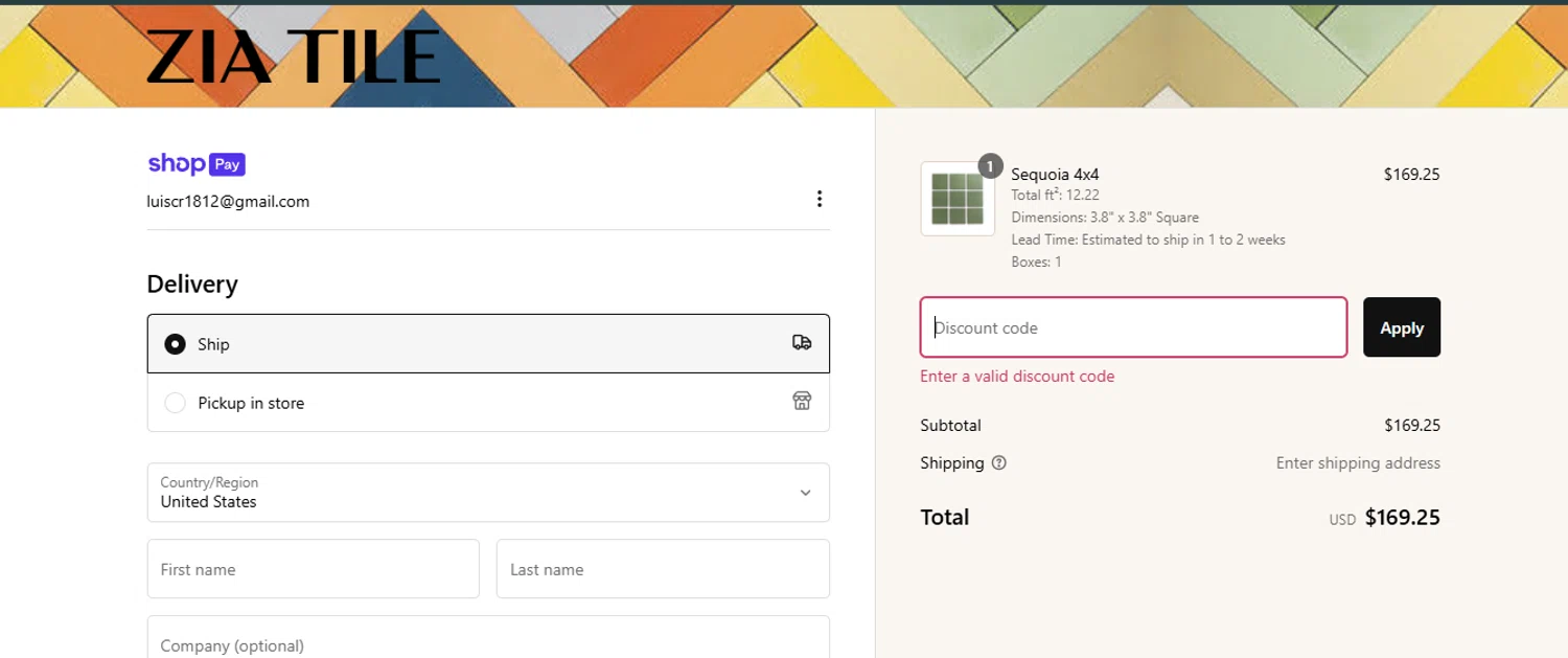 Zia Tile discount code screenshot showing code ZIATRADE10 applied at Zia Tile checkout page. Uploaded by SimplyCodes community member PrimeFalcon5548 on Feb 5, 2025